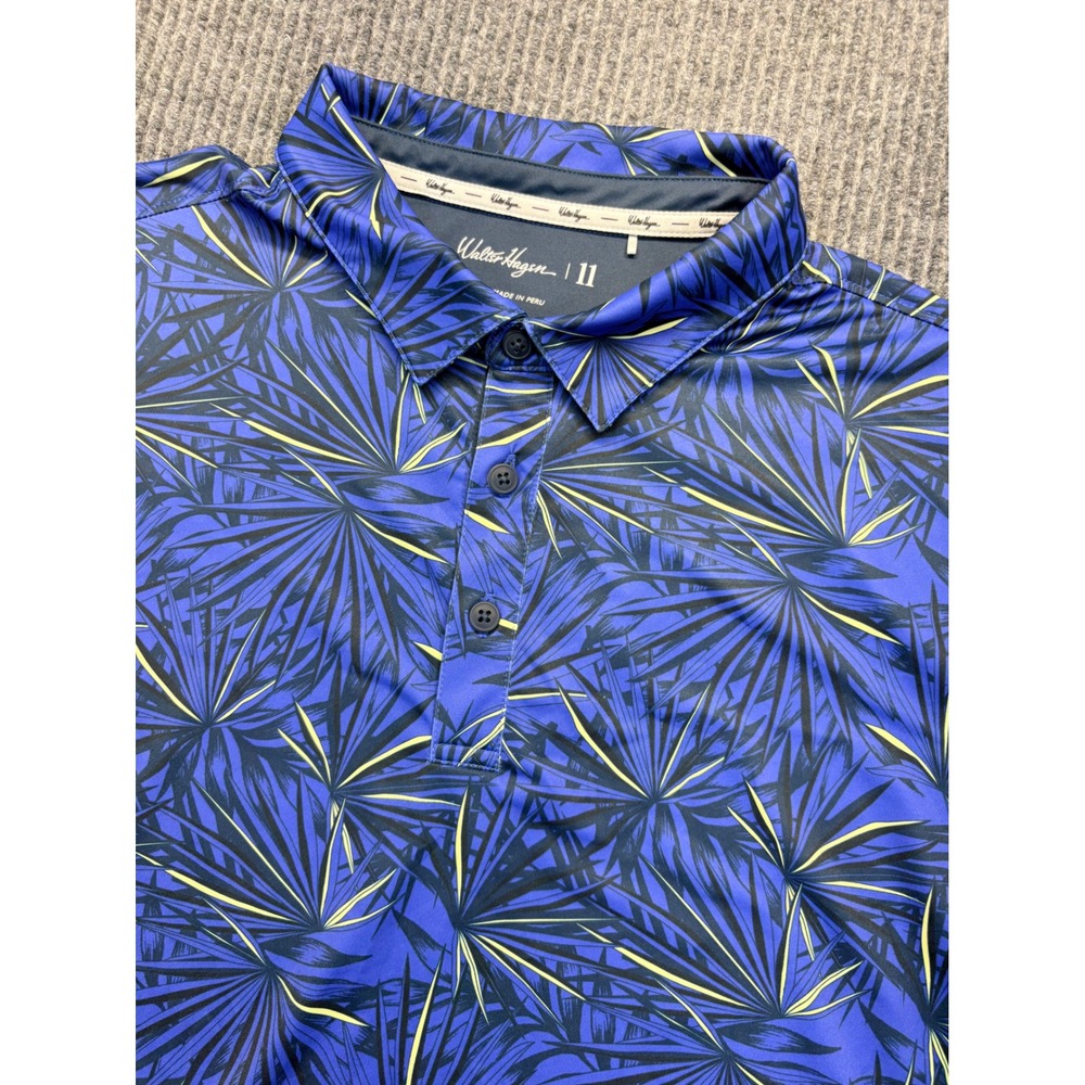 Walter Hagen 11 Mens XXL Blue Tropical Palm Leaf Golf Polo Shirt Short Sleeve